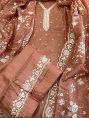 Dark Peach Suit Set with Thread Embroidery in Pure Tussar Silk