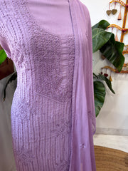 Lilac Suit Set with Lucknowi Handwork in Pure Mul Cotton