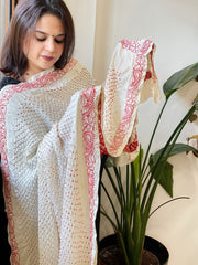 Ivory Rai Bandhej Dupatta with Lucknowi Handwork in Pure Gajji Silk