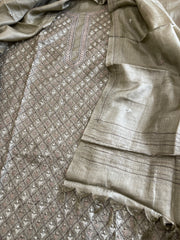 Dusty Green Suit Set with Kantha Embroidery in Pure Tussar Silk