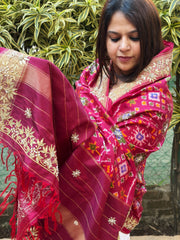 Pink Handwoven Ikat Patola with Gotapatti & Pearl Handwork dupatta in Pure Silk