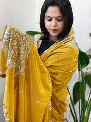 Mustard Yellow Crepe Dupatta with Pearl, Cut Daana, Gold Thread & Sequin Embroidery