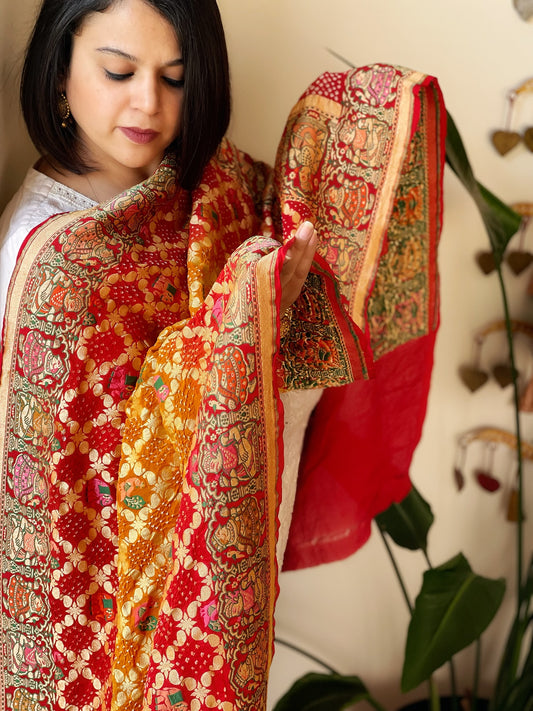 Yellow, Red Rai Bandhej Dupatta with Meenakari Jaal design in Georgette