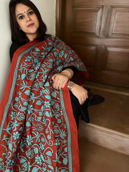 Rust Handmade Nakshi Kantha Dupatta in Silk