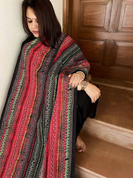 Red, Black Handmade Kantha Dupatta in Silk