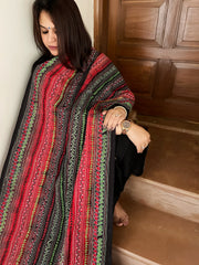 Red, Black Handmade Kantha Dupatta in Silk