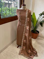 Brown Suit Set with Thread Handwork and Parsi Gara Dupatta in Mul Cotton