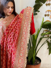 Tomato Red Handwoven NeemZari Bareek Bandhani with Sequin, Dabka Handwork in Pure Georgette