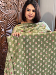 Pista Green Woven Suit Set with Zari and Meenakari in Weaving in Pure Moonga Silk