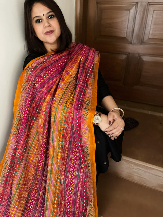 Mustard, Pink Handmade Kantha Dupatta in Silk