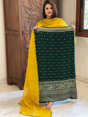 Bottle Green Handwoven Kadwa Banarasi with Hand Bandhani Suit Set in Pure Silk