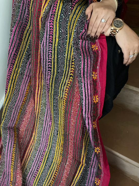 Green, Pink Handmade Kantha Dupatta in Silk
