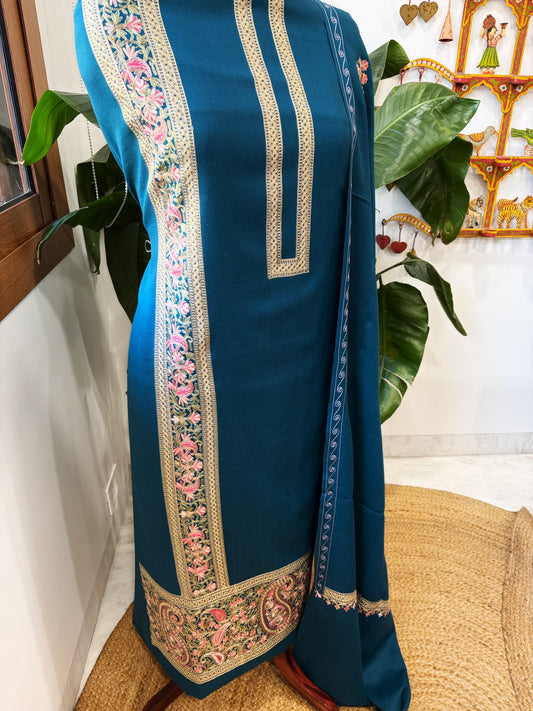 Firozi Winter Suit Set with Aari Work in Pashmina Wool