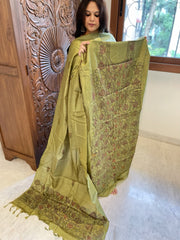 Leaf Green Suit Set with Kantha Handwork in Pure Tussar Silk