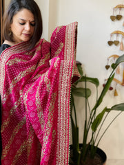 Pink Printed Bandhej Dupatta in Chinon with Gold Thread and Sequin Work