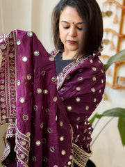 Purple Crepe Dupatta with Mirror and Cut Daana Work with Gota Lace Border