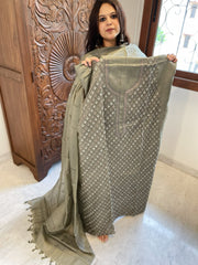 Dusty Green Suit Set with Kantha Embroidery in Pure Tussar Silk