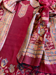 Maroon Suit Set with Handwoven Kaani and Zari in Pure Silk