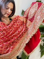Tomato Red Handwoven NeemZari Bareek Bandhani with Sequin, Dabka Handwork in Pure Georgette