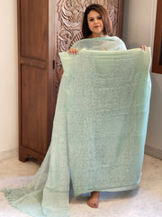 Aqua Suit Set with Lucknowi Handwork in Pure Tussar Silk