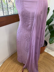 Lilac Suit Set with Lucknowi Handwork in Pure Mul Cotton