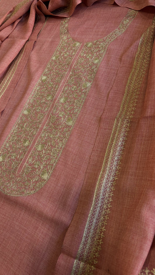 Peachish Pink Winter Suit Set with Aari Work in Pashmina Wool