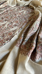 Dark Cream Winter Suit Set with Aari Work in Pashmina Wool