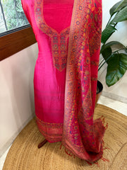 Pink Suit Set with Handwoven Kaani and Zari in Pure Silk