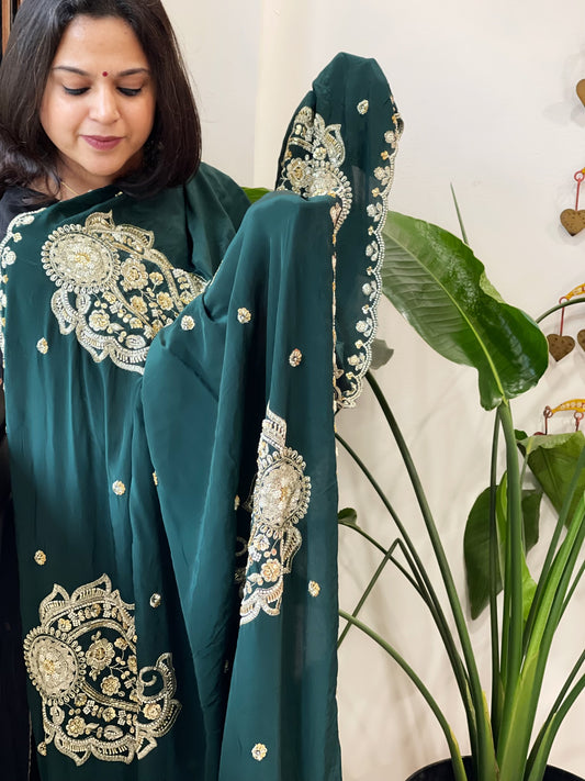 Deep Green Crepe Dupatta with Pearl, Cut Daana, Gold Thread & Sequin Embroidery