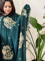 Deep Green Crepe Dupatta with Pearl, Cut Daana, Gold Thread & Sequin Embroidery