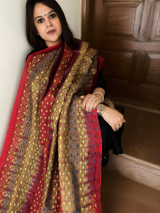 Brown, Red Handmade Kantha Dupatta in Silk