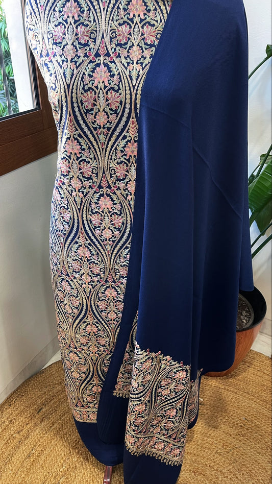 Navy Winter Suit Set with Aari Work in Pashmina Wool