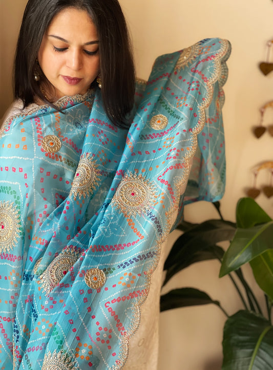 Blue Printed Bandhej Organza dupatta with Scalloped Border