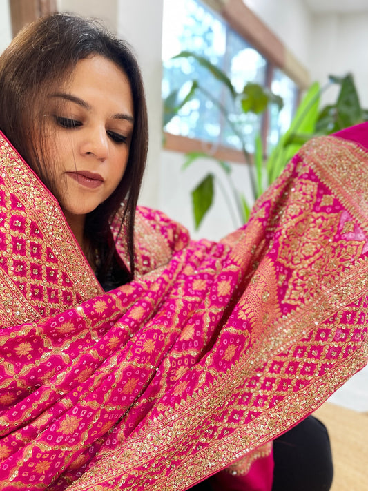 Pink Handwoven NeemZari Bareek Bandhani with Sequin, Dabka Handwork in Pure Georgette