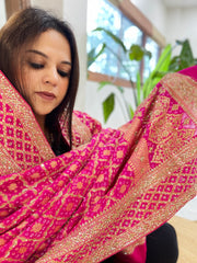 Pink Handwoven NeemZari Bareek Bandhani with Sequin, Dabka Handwork in Pure Georgette