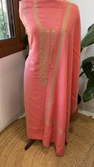 Neon Pink Winter Suit Set with Aari Work in Pashmina Wool