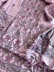 Lavender Suit Set with Kantha Handwork in Pure Tussar Silk