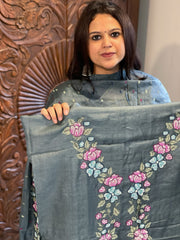 Grey Suit Set with Cross-Stitch Embroidery in Pure Tussar Silk