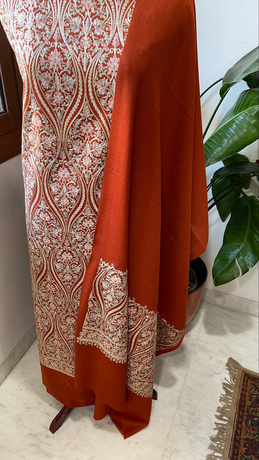 Rust Winter Suit Set with Aari Work in Pashmina Wool