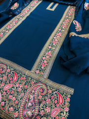 Firozi Winter Suit Set with Aari Work in Pashmina Wool