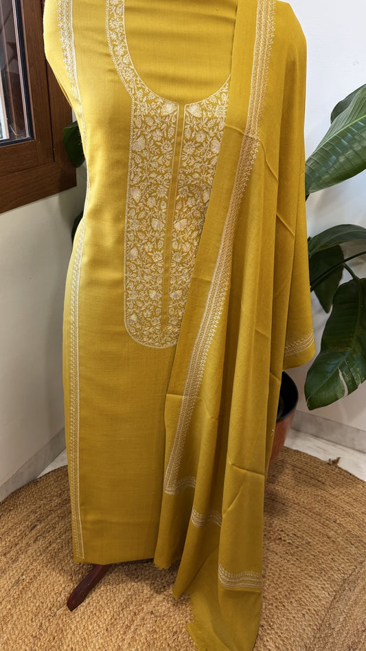 Lime Yellow Winter Suit Set with Aari Work in Pashmina Wool