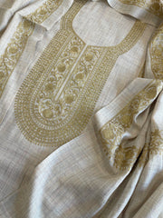 Oatmeal Beige Winter Suit Set with Aari Work in Pashmina Wool