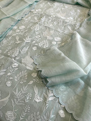 Aqua Suit Set with Thread Embroidery in Pure Mul