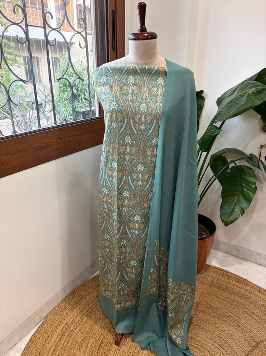 Sea Blue Winter Suit Set with Aari Work in Pashmina Wool