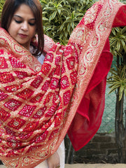 Handwoven Bareek Bandhani dupatta with Dabka Handwork in Pure Gajji silk