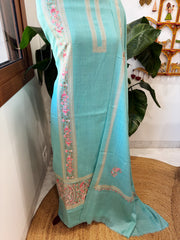 Turquoise Winter Suit Set with Aari Work in Pashmina Wool