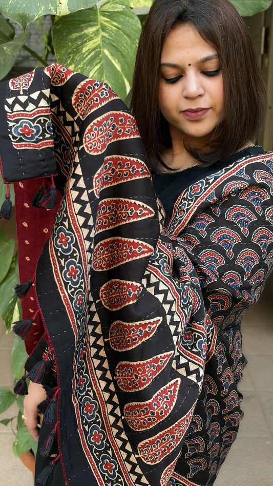 Black Ajrakh Handblock Printed Silk-Woollen Shawl