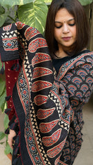 Black Ajrakh Handblock Printed Silk-Woollen Shawl