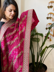 Pink Printed Bandhej Dupatta in Chinon with Gold Thread and Sequin Work