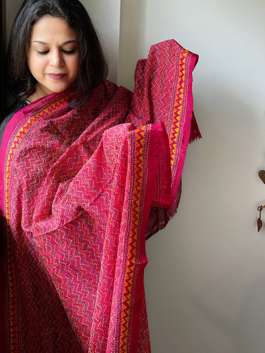 Pink Handmade Kantha Dupatta in Silk